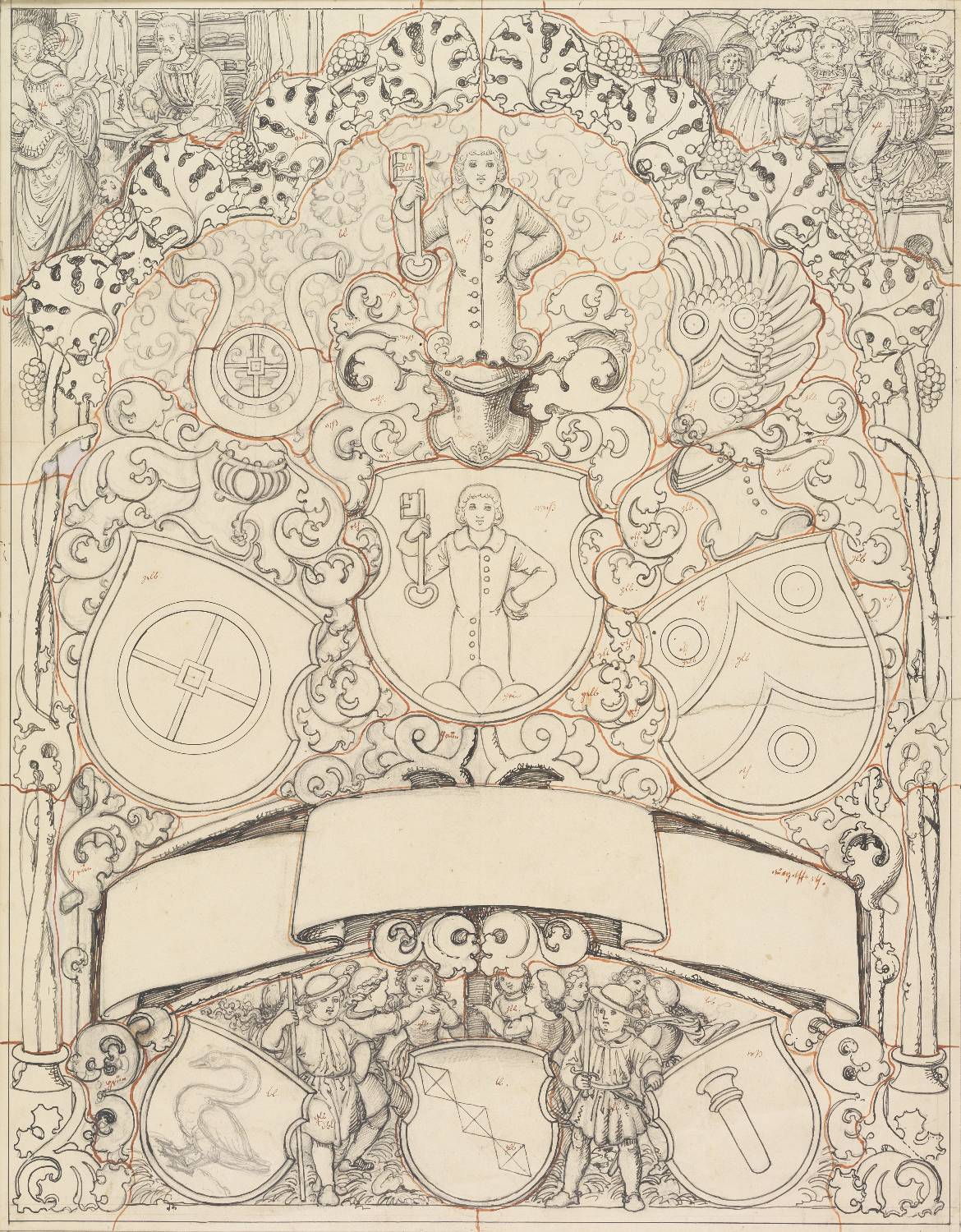 Scheibenriss mit Wappen Oschwald. Peyer mit den Wecken, Ringk v. Wildenberg, Peyer im Hof und zwei weiteren Wappen
